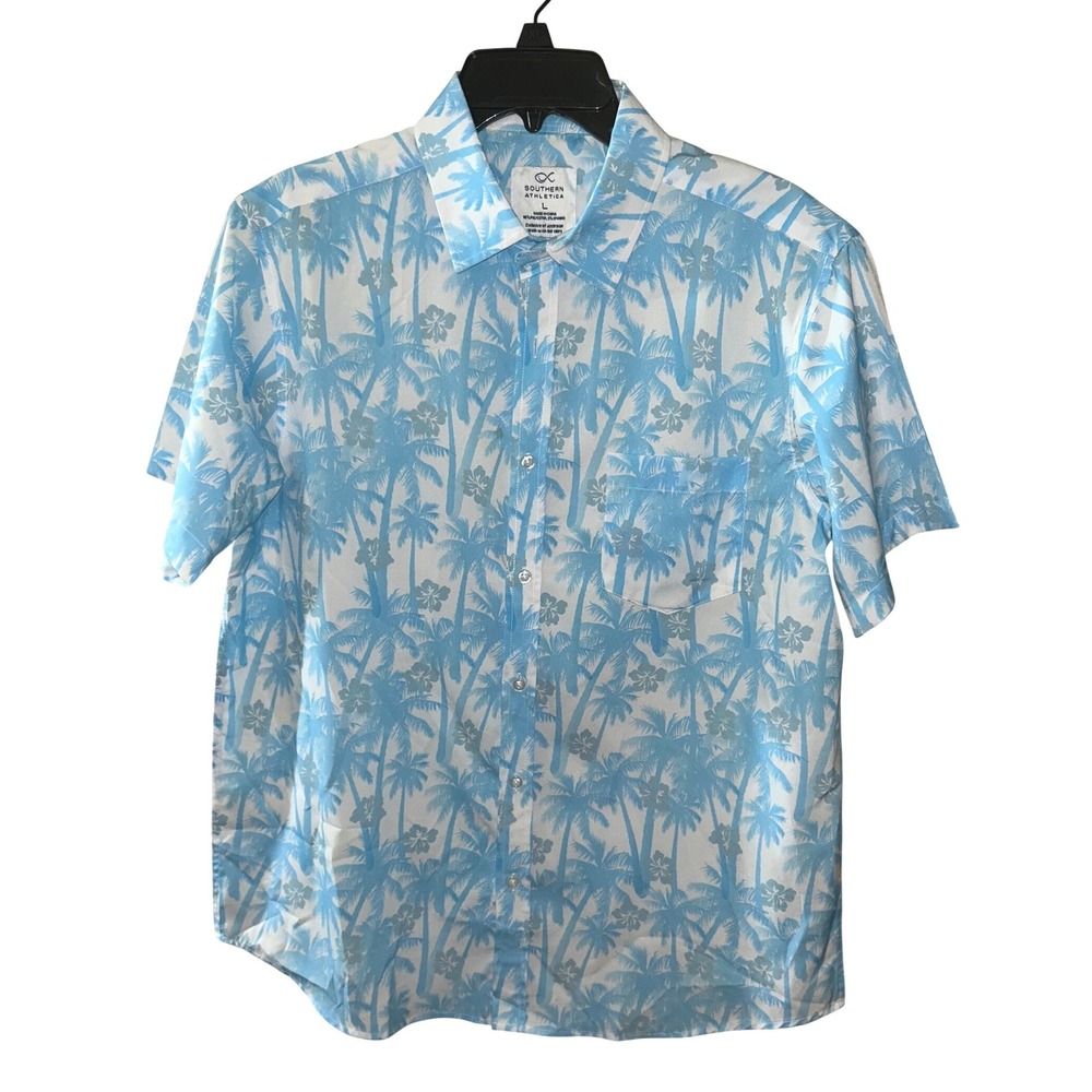 Southern Athletica Mens Blue Palm Tree Tropical Short Sleeve Button Down Shirt L